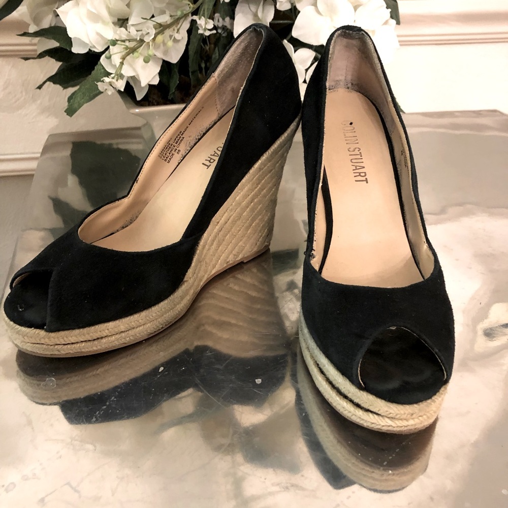 Colin Stuart Black Suede Leather Peep Toe Wedge Espadrilles size 8